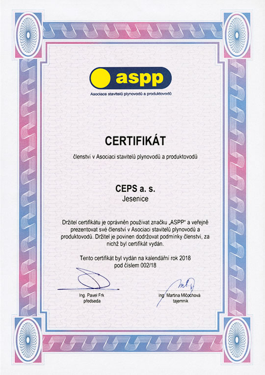 Certificate of membership in the Association of Pipeline Contractors (Certificate No. 002/18)