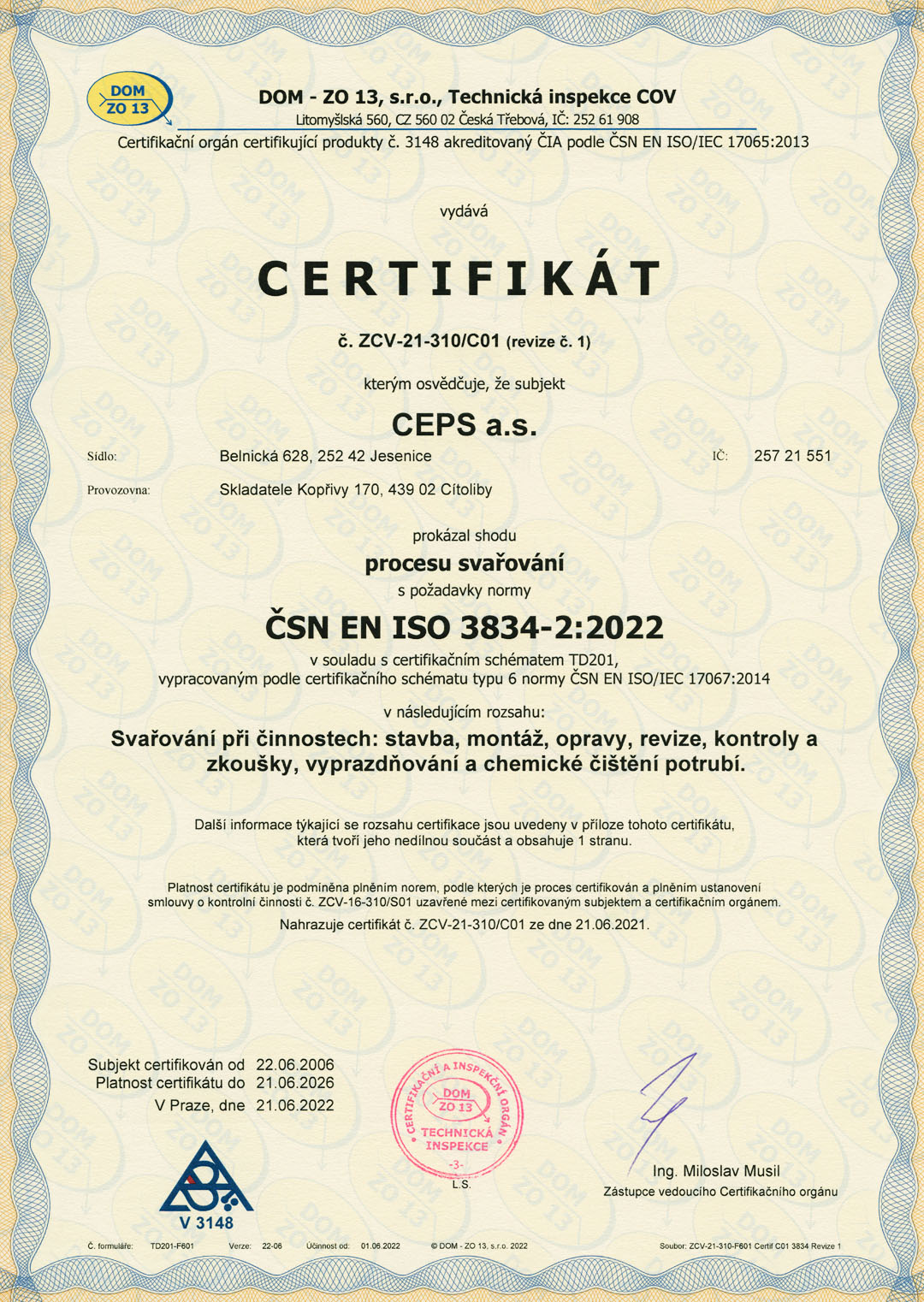 Certifikát procesu svařování podle ČSN EN ISO 3834-2:2022