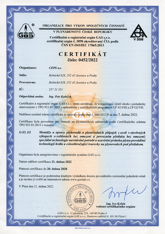 Certifikát systému GAS číslo 0452/2022