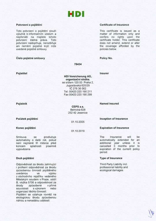 Potvrzení o pojištění (strana 1)