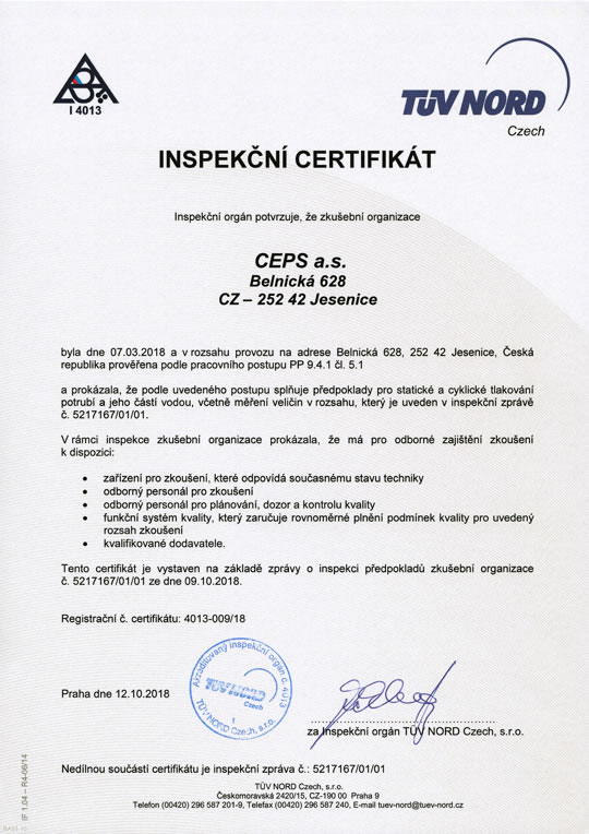 Inspekční certifikát pro statické a cyklické tlakování potrubí (číslo certifikátu 4013-009/18)