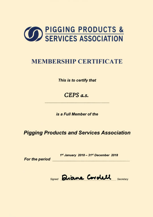 Pigging Products and Services Association Membership certificate