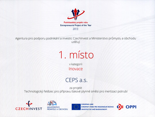 Diplom za 1. místo v soutěži Podnikatelský projekt roku 2013, kategorie Inovace