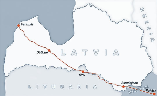 Mapa trasy ropovodu Polock–Ventspils