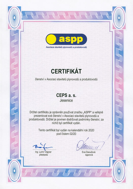 Certificate of membership in the Association of Pipeline Contractors (Certificate No. 02/20)