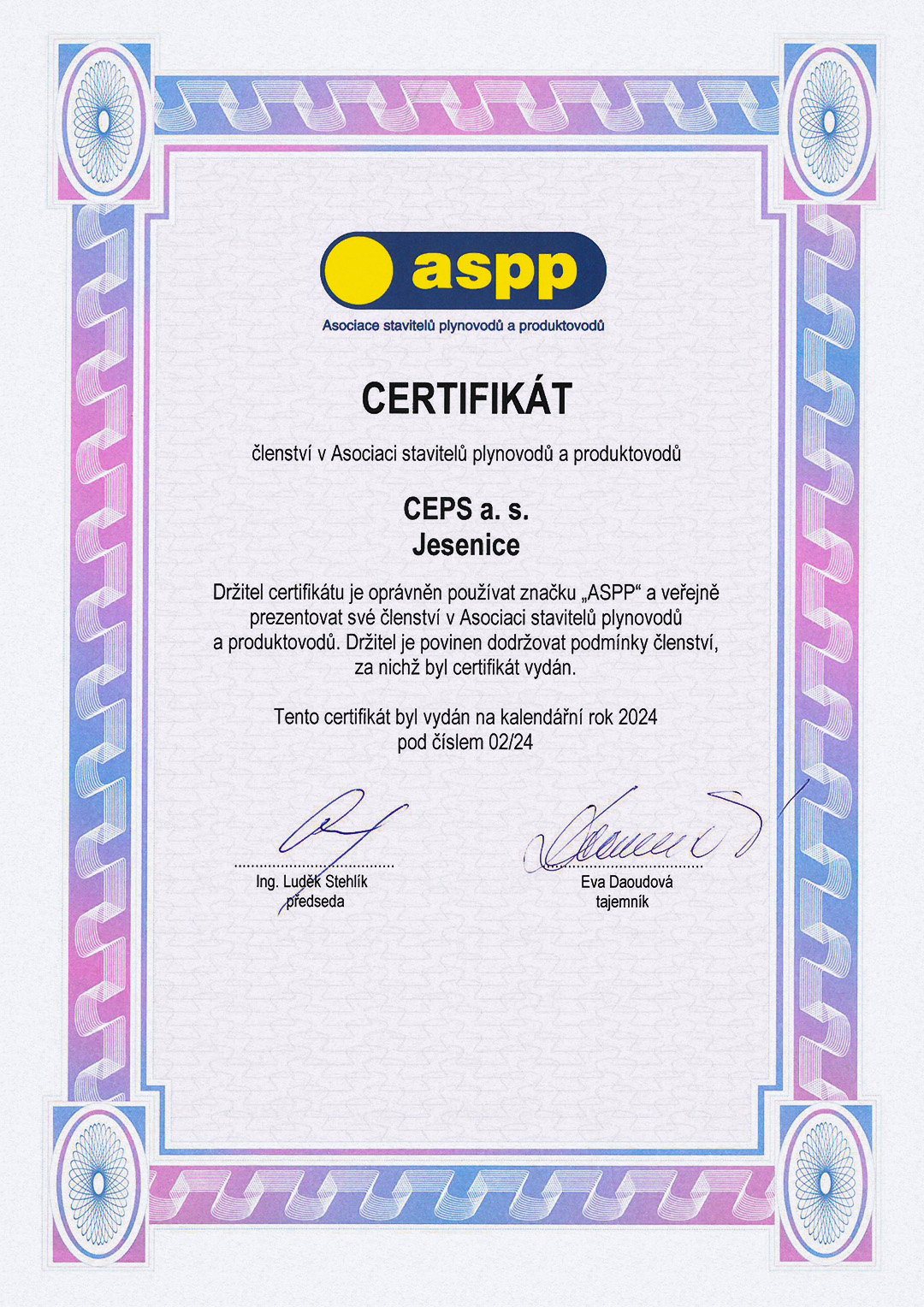 Certificate of membership in the Association of Pipeline Contractors (Certificate No. 02/24)