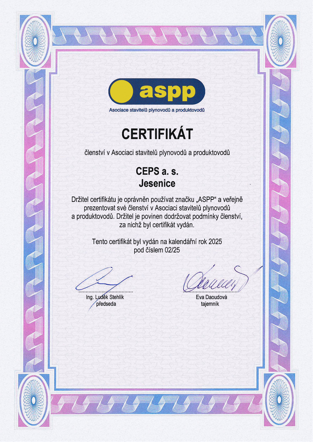 Certifikát členství v Asociaci stavitelů plynovodů a produktovodů (Certifikát č. 02/25)