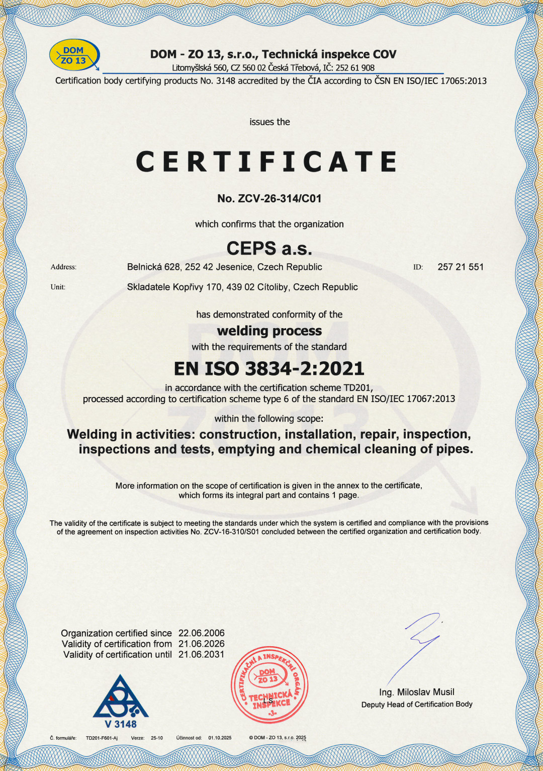 EN ISO 3834-2:2021 Welding Process Certificate (Certificate No. ZCV-26-314/C01)