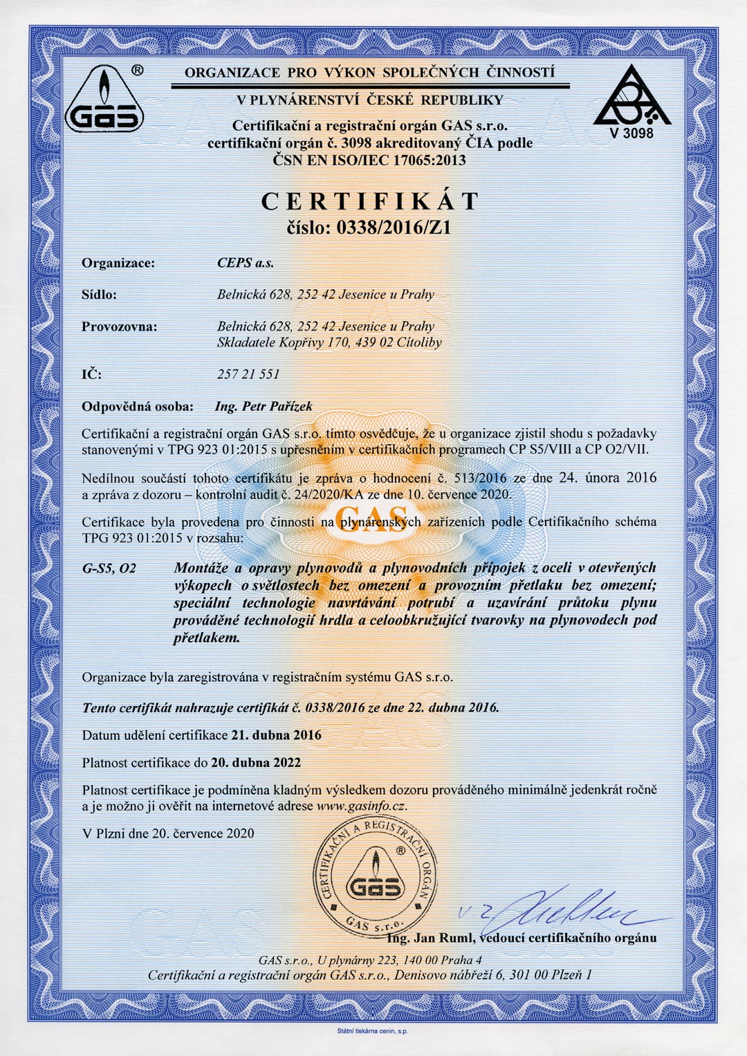 Certificate of the company certified and registered in the system GAS