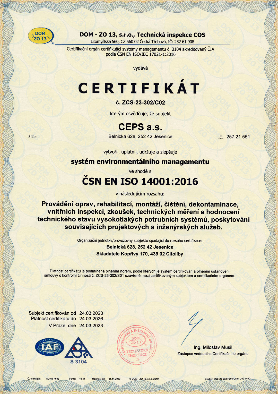 Certifikát systému environmentálního managementu ve shodě s ČSN EN ISO 14001:2016