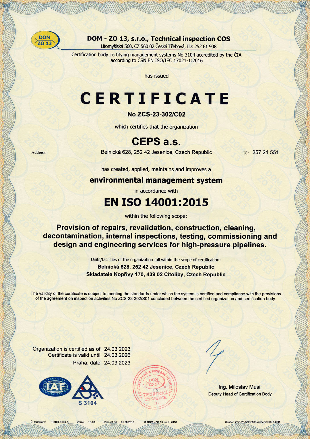 Iso 140012015 Environmental Management System Certificate — Ceps As