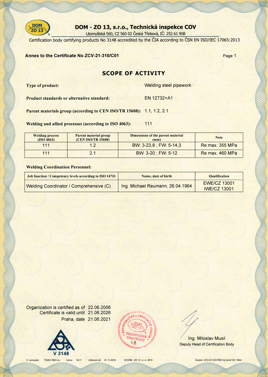 Annex to EN ISO 3834-2:2005 Welding process certificate No. ZCV-21-310/C01