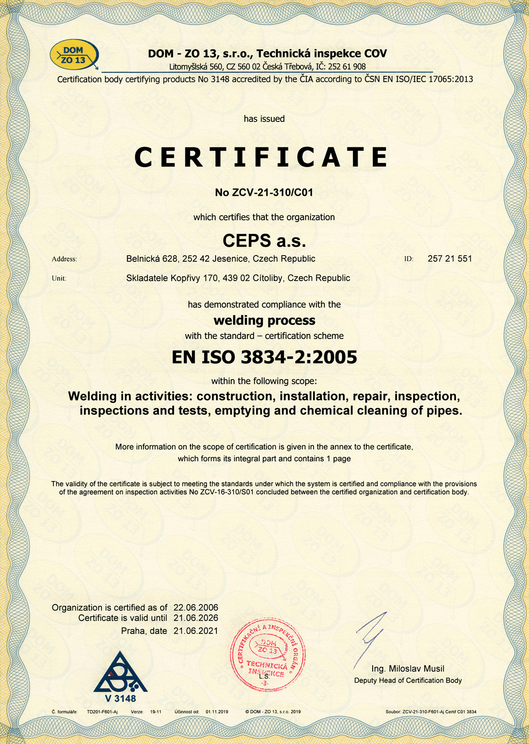 EN ISO 3834-2:2005 Welding Process Certificate (Certificate No. ZCV-21-310/C01)