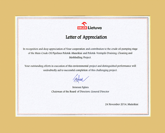 ORLEN Lietuva Letter of Appreciation