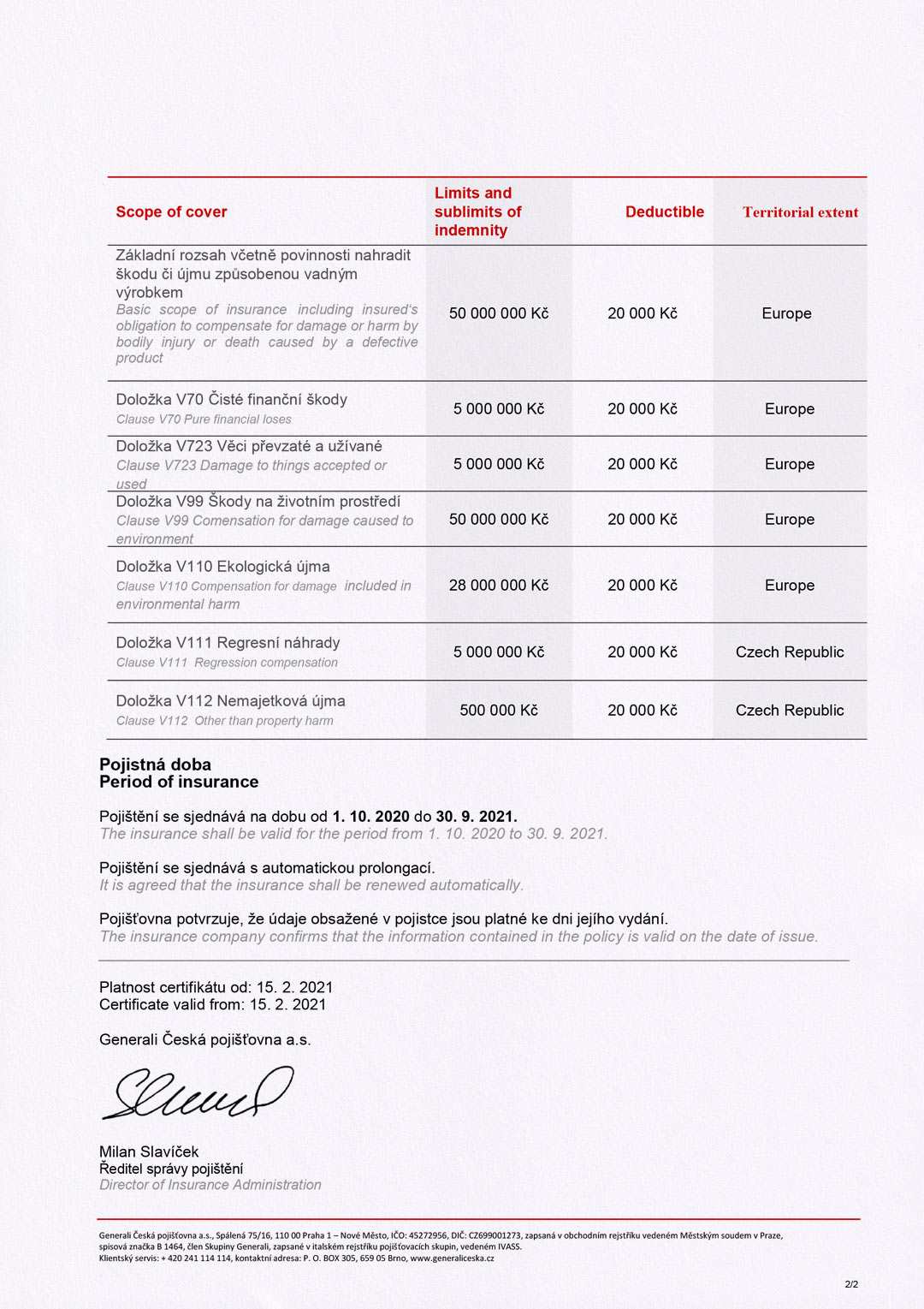 Certificate of Insurance (page 2)