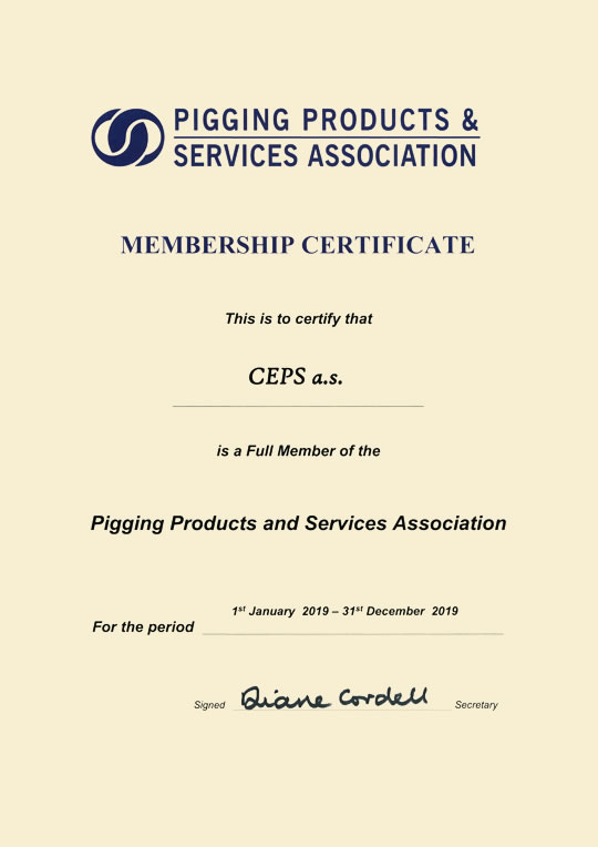 Pigging Products and Services Association Membership certificate