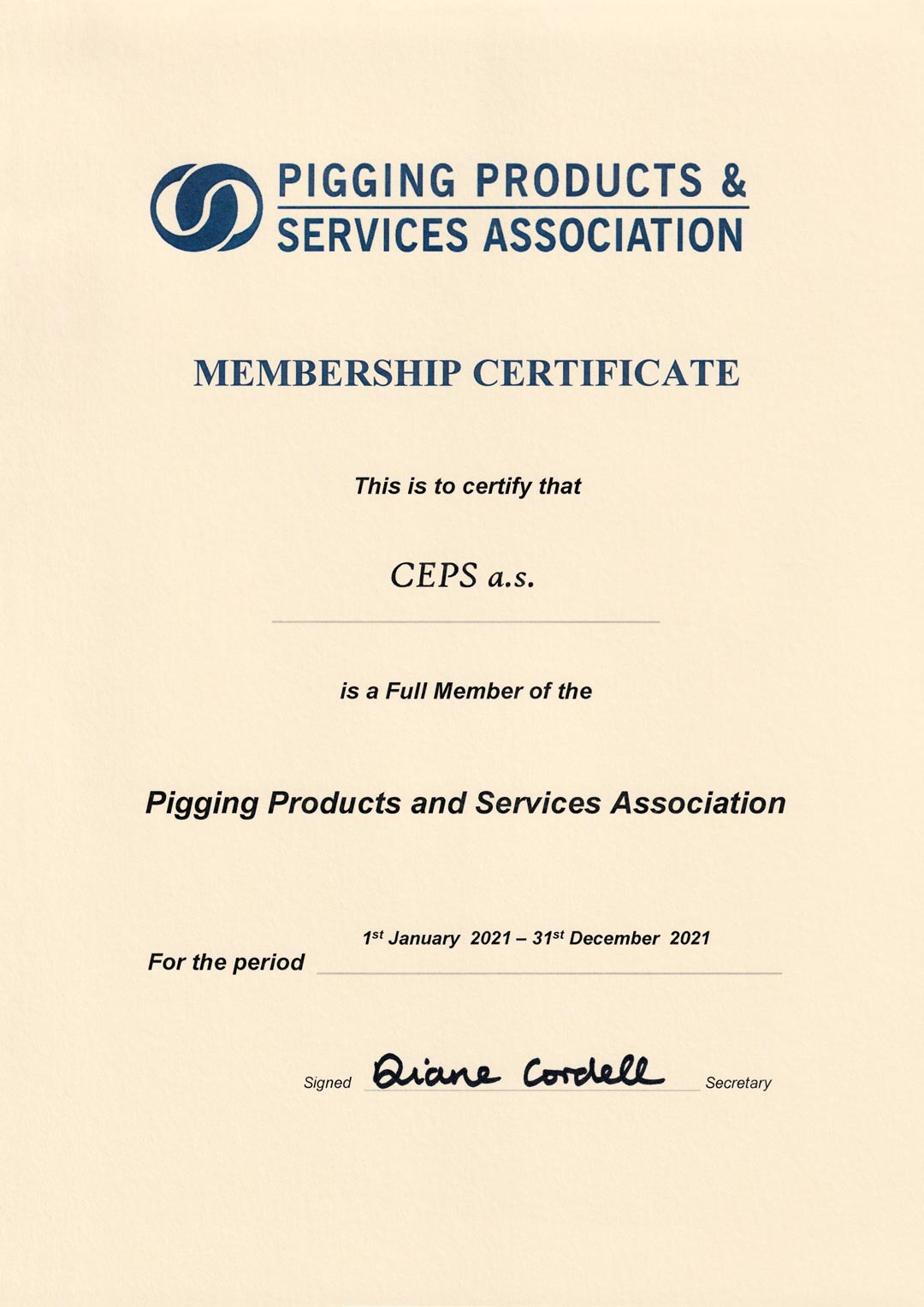 Pigging Products and Services Association Membership certificate
