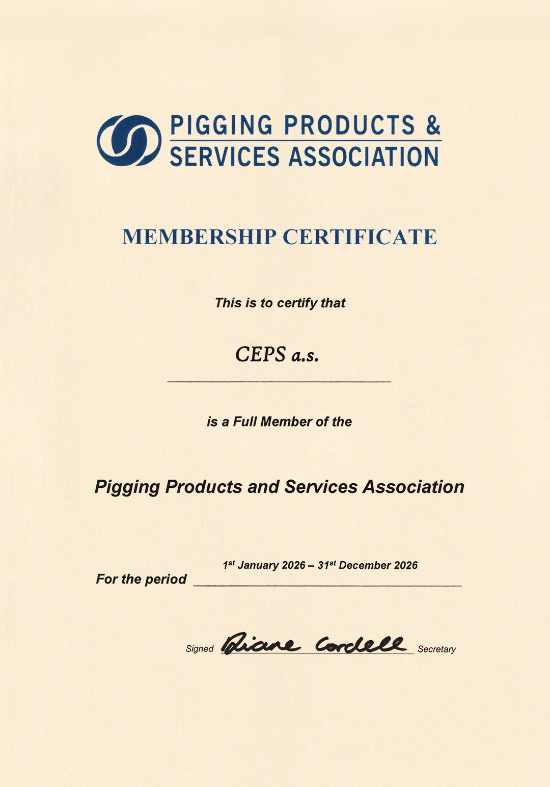 Pigging Products and Services Association Membership certificate